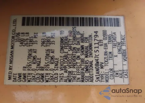 2007 Nissan Xterra S z USA, uszkodzony, nr VIN 5N1AN08W47C511794